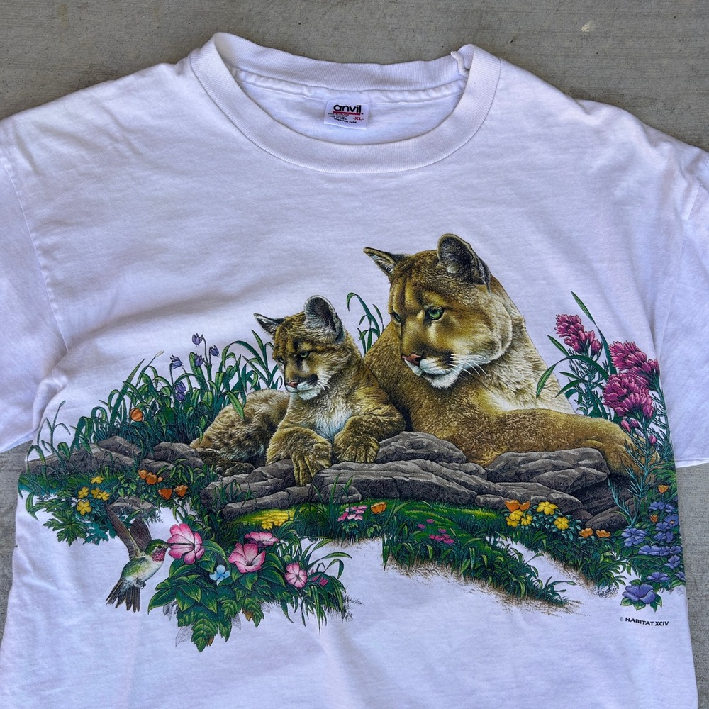 Vintage 90s Mountain Lion Nature Graphic T-Shirt XL White Anvil Single Stitch - Picture 4 of 6
